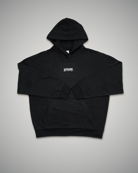 Black hoodie with a brand logo on a gray background