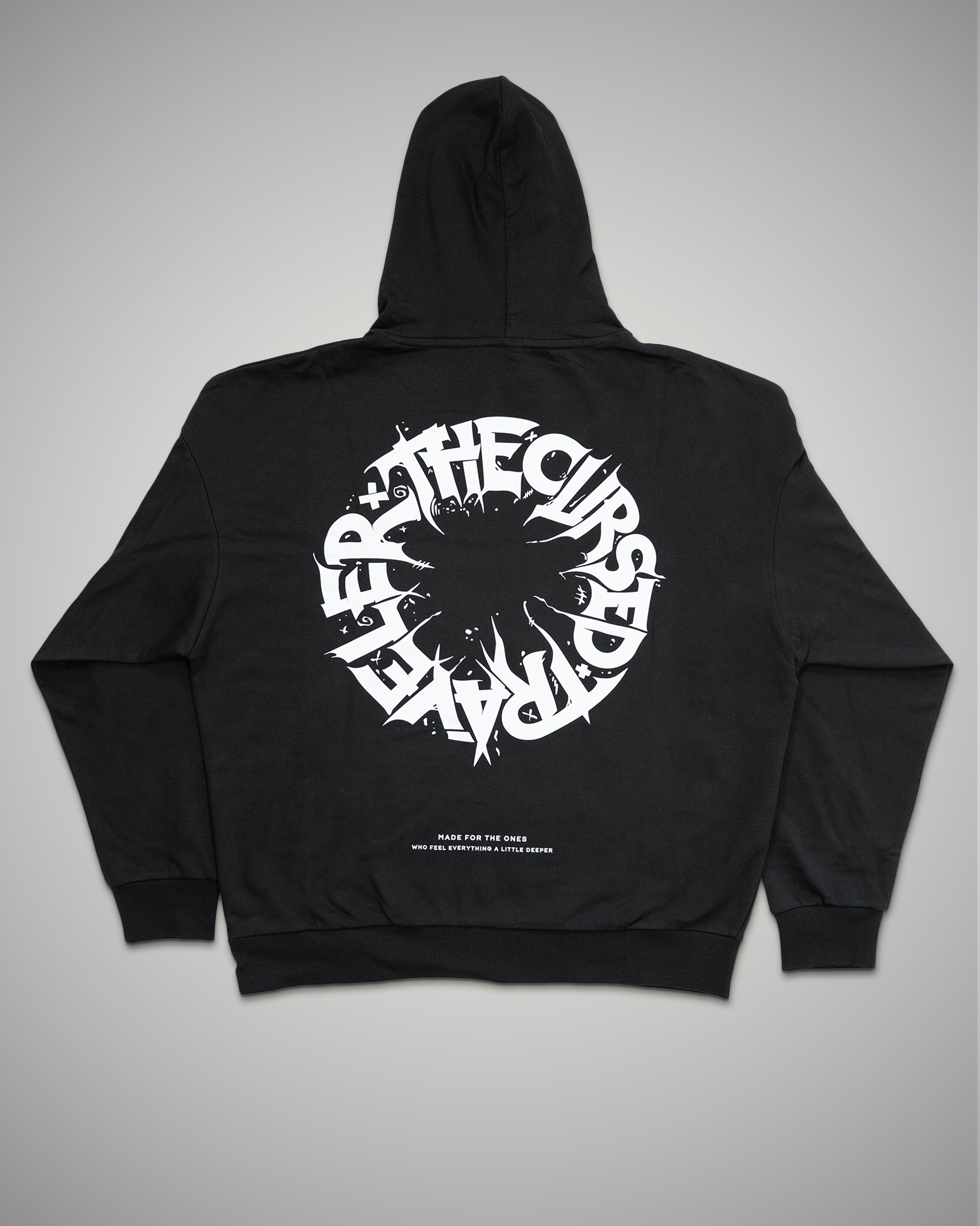 Black hoodie with white text design on the back against a gray background