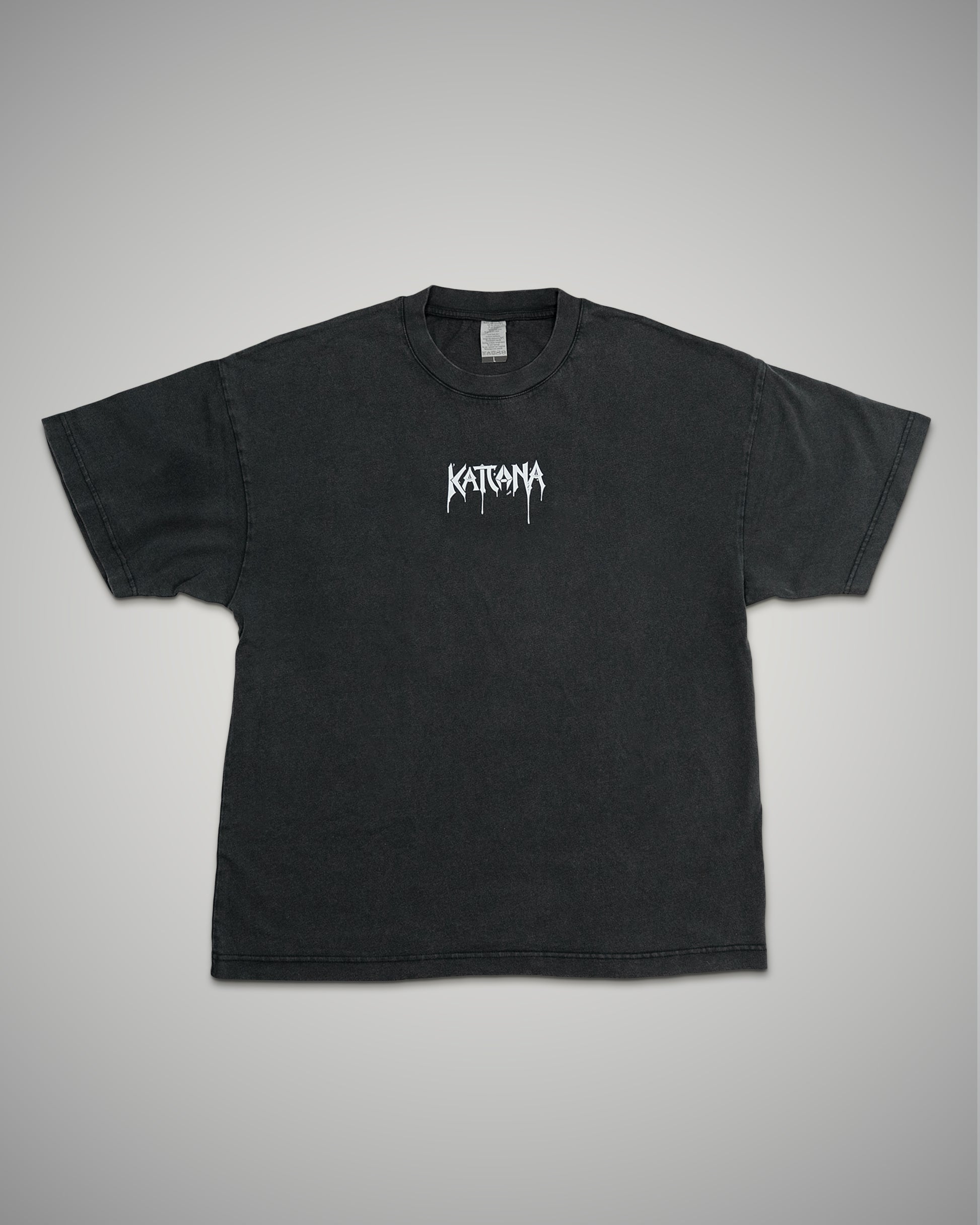 Black t-shirt with white logo on a gray background
