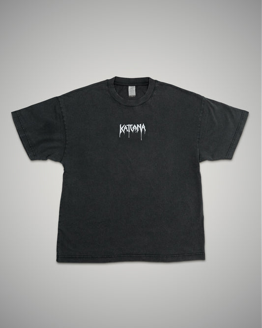 Black t-shirt with white logo on a gray background